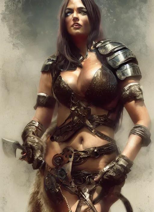 Image similar to hyper realistic photography portrait of pagan medieval festival warrior curvy partygirl cinematic, vallejo, julie bell, craig mullins greg rutkowski,