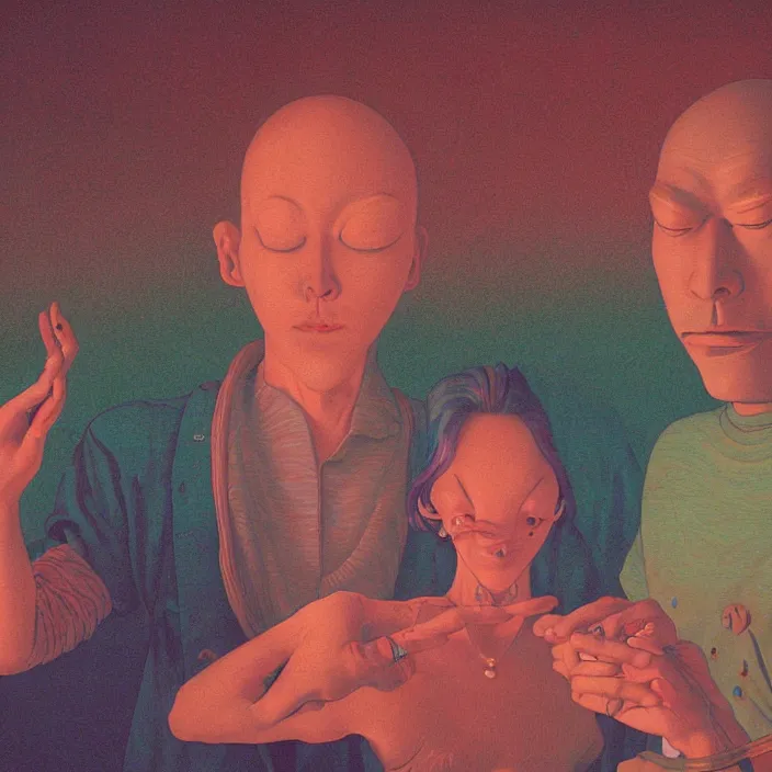 Image similar to close up portrait of a man and woman having fun with lsd and magic mushrooms by kawase hasui, moebius, Edward Hopper and James Gilleard, Zdzislaw Beksinski, Steven Outram, 8k, volumetric lighting, artstation