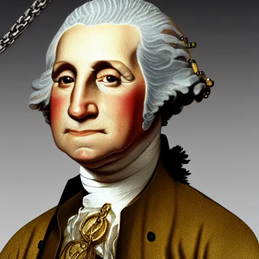 Image similar to a closeup photorealistic illustration of a happy George Washington holding wearing a chain around his neck with a small gold Doubloon coin as a necklace. This 4K HD image is Trending on Artstation, featured on Behance, well-rendered, extra crisp, features intricate detail and the style of Unreal Engine.