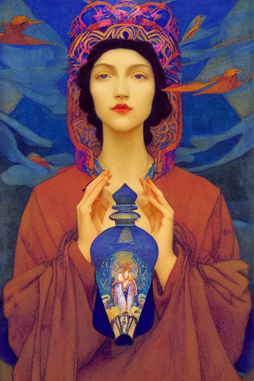 Prompt: queen of the dawn with her lantern and birds, by Nicholas Roerich and jean delville and Annie Swynnerton, elaborate headdress and embroidered velvet, iridescent beetles, rich color, dramatic cinematic lighting, extremely detailed