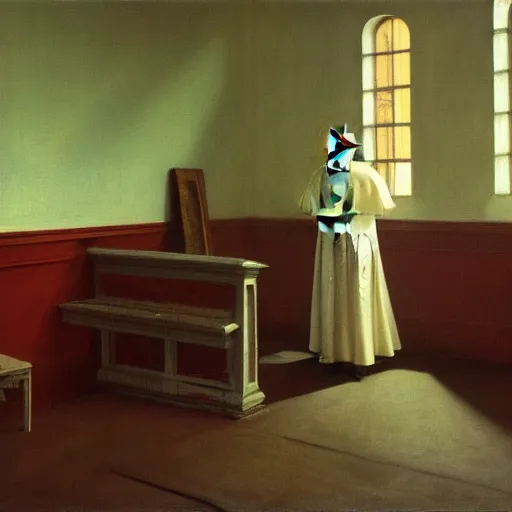 Image similar to a pope in an haunted liminal abandoned room, film still by edward hopper, by Pontormo, by klimt, pre-raphaelite. art noveau, art noveau, highly detailed, strong lights, liminal, eerie, Bright pastel colors