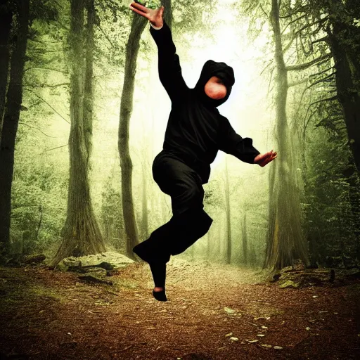 Image similar to An award winning photograph of a a ninja in a moody forrest jumping