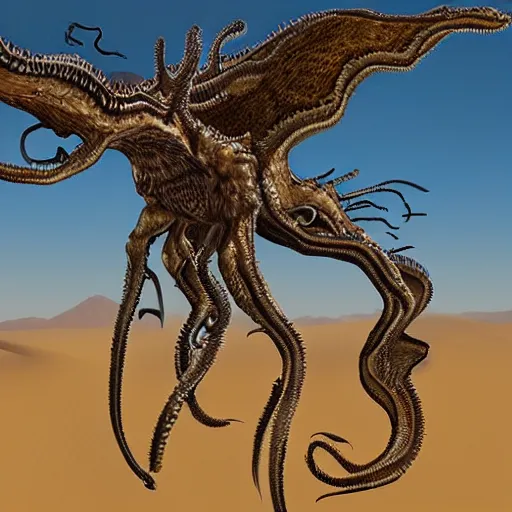 Prompt: “ very very intricate photorealistic photo of an eldritch horror flying over the desert, award - winning crisp details ”