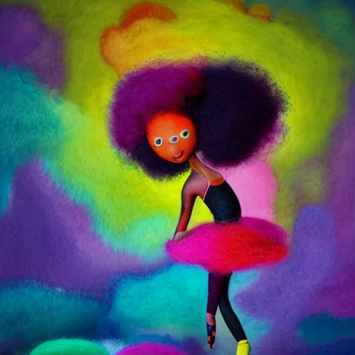 Prompt: a black girl with a colorful afro and rainbow eyes doing ballet, bright colours, bokeh!! watercolor, volumetric wool felting, macro photography, children illustration, by goro fujita