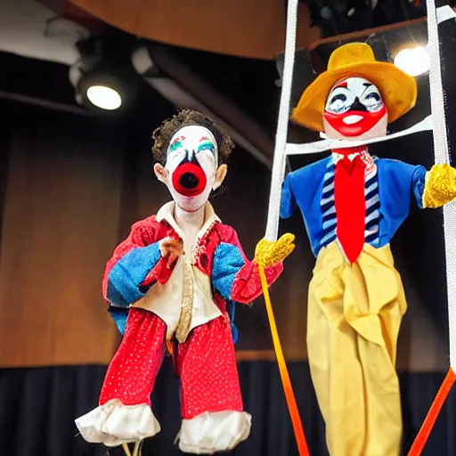 Image similar to puppeteer in puppet show using a string marionette of a president with clown makeup in a podium