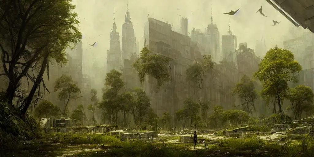 Image similar to postapocalyptic city of warsaw, poland overgrown with vegetation, plantlife and wildlife. fantasy art by greg rutkowski, gustave courbet, rosa bonheur, edward hopper. faithfully depicted architecture, realistic, sharp focus, global illumination, radiant light, detailed and intricate environment, trending on artstation