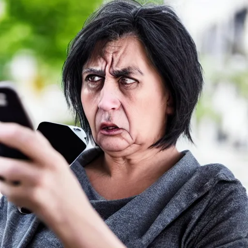 Prompt: astonished and angry middle aged lady looking at smartphone, unsure expression, greek ethnicity, thin face structure, uncombed straight grey black hair, angry eyes, photo, realistic, outdoor lighting, 4 k, 8 k, hd, 3 9 mm lens