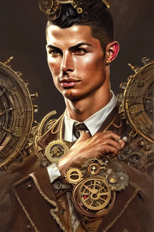 Prompt: Portrait of steampunk Cristiano Ronaldo, D&D, face, fantasy, intricate, elegant, highly detailed, digital painting, artstation, concept art, smooth, sharp focus, illustration, art by artgerm and greg rutkowski and alphonse mucha