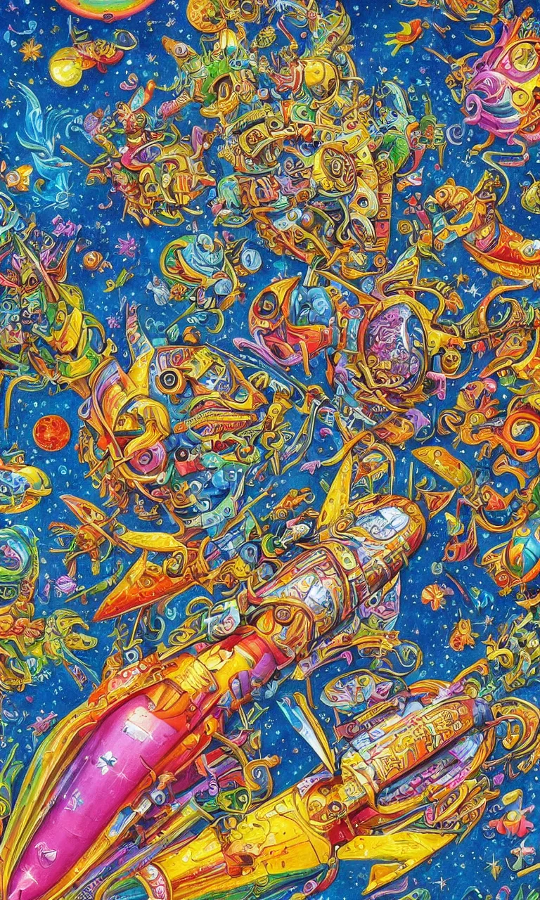 Image similar to an incredibly detailed masterpiece painting of a rocketship by bosch and lisa frank, ornate, beautiful, bold colors, detailed, high resolution, wow!, intricate