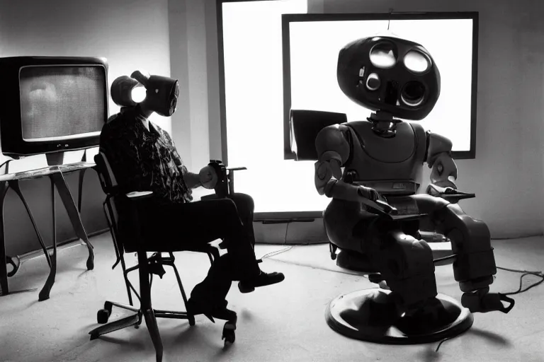 Prompt: large man with a robot arm sitting in a gamer chair, from 1999, bathed in the glow of a crt television, crt screens in background, low-light photograph, in style of terry richardson