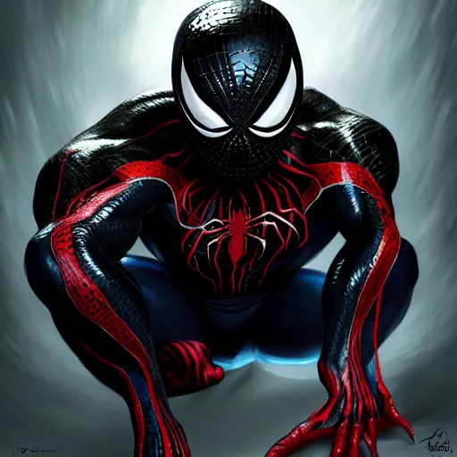 Image similar to venom from spiderman, perfect eyes, full body shot, portrait, vivid colors, elegant, concept art, sharp focus, digital art, Hyper-realistic, 4K, Unreal Engine, Highly Detailed, HD, Dramatic Lighting by Brom, trending on Artstation