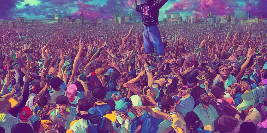 Image similar to rapper leaning over huge crowd reaching up to him, thunder and lightning, clouds, digital art, vapor wave, hip hop, trending on Artstation, professional artist, detailed, 4k