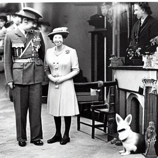 Prompt: 5 0 mm 1 9 4 6 historical photo, of a single general and a young queen elizabeth signing a peace treaty, a cute corgi watches from above, french village interior, highly detailed, sharp focus, symmetrical face