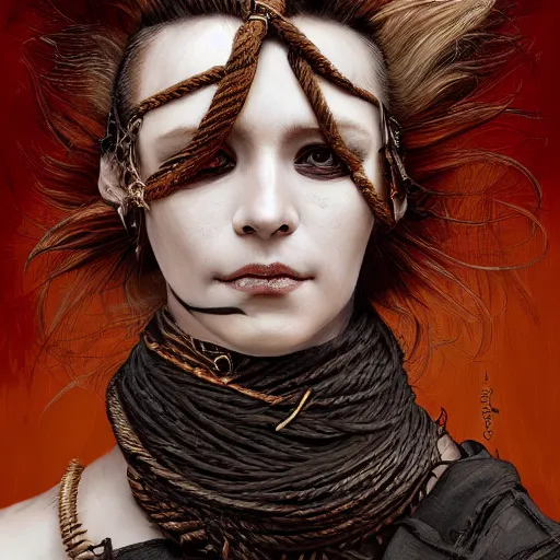 Image similar to portrait of a Shibari rope wrapped face and neck, headshot, insanely nice professional hair style, dramatic hair color, digital painting, of a old 15th century, old cyborg merchant, amber jewels, baroque, ornate clothing, scifi, realistic, hyperdetailed, chiaroscuro, concept art, art by Franz Hals and Jon Foster and Ayami Kojima and Amano and Karol Bak,