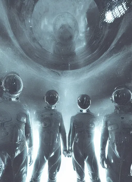 Prompt: astronauts in dark minimalists underwater - hyperdetailed suit. reflection and dispersion materials. rays and dispersion of light. volumetric light. 5 0 mm, f / 3 2. noise film photo. flash photography. ultra realistic, wide angle. poster by wayne barlowe, hajime sorayama aaron horkey, craig mullins. dark key.