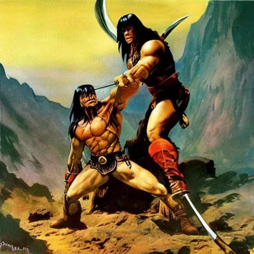 Image similar to Conan the barbarian rescuing damsel in distress by Frank Frazetta