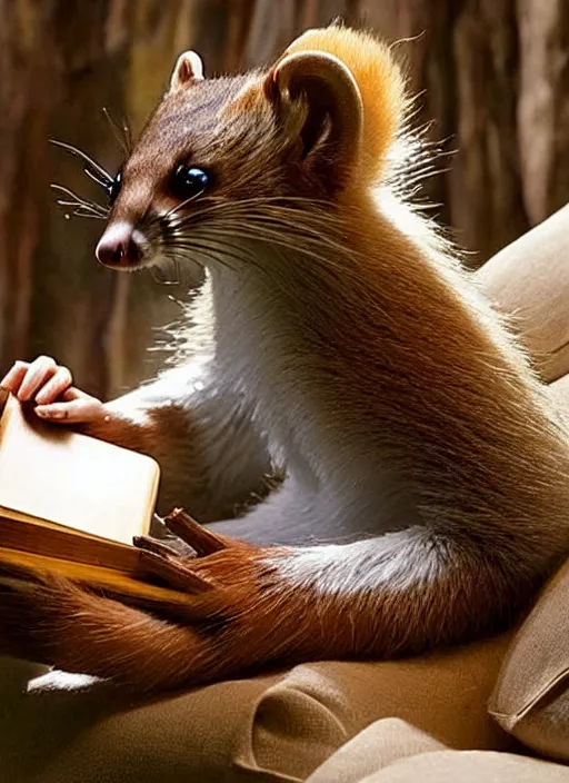 Prompt: A beautiful scene from a 2022 fantasy film featuring a humanoid pine marten genet hybrid wearing loose white clothing reading an ancient book on a couch. An anthropomorphic pine marten genet hybrid in a white tunic. Golden hour.