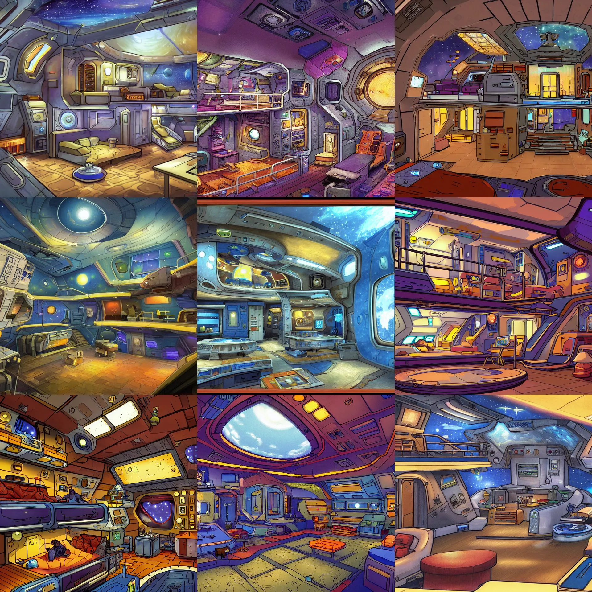 Prompt: a crew member's living quarters on a spaceship, from a space themed point and click 2 d graphic adventure game, art inspired by thomas kinkade