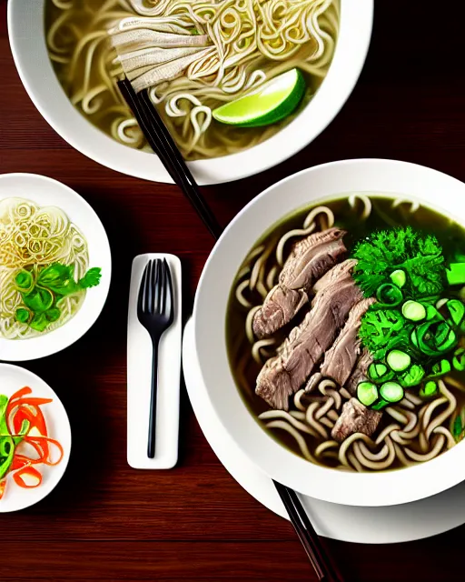 Image similar to realistic photo of delicious pho, ramen, bowl, white kitchen table, cloth, highly detailed, by marc haydon, kailee mandel, masterpiece, award winning, food photography