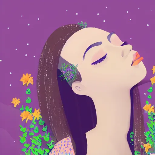 Image similar to girl looking up with flowers sprouting from her face, ethereal illustration