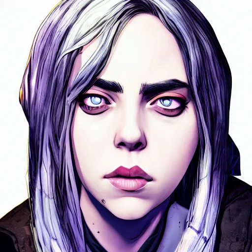 Image similar to billie eilish portrait, borderlands, tales from the borderlands, the wolf among us, comic, cinematic lighting, studio quality, 8 k