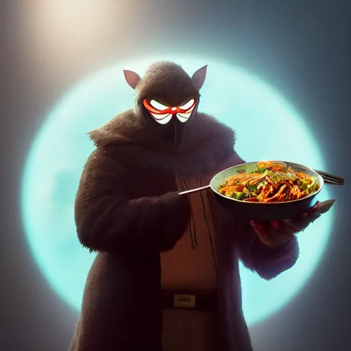 Image similar to movie still macro close photo of happy anonymous holding stirfry to face, by weta disney pixar greg rutkowski wlop ilya kuvshinov rossdraws artgerm octane render iridescent, bright morning, liosh, mucha