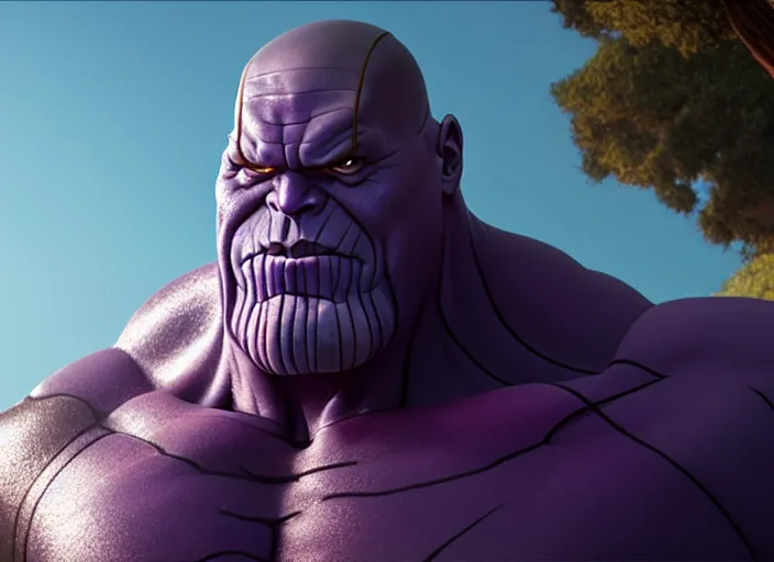 Image similar to animation portrait of thanos, studio ghibli, pixar and disney animation, sharp, rendered in unreal engine 5, clear sky, anime key art by greg rutkowski, bloom, dramatic lighting