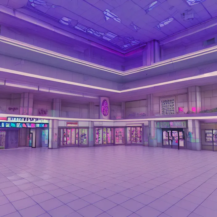 Prompt: vaporwave 8 0 s dreamy empty empty shopping mall, highly detailed, 3 d render, vray, octane, realistic lighting, photorealistic