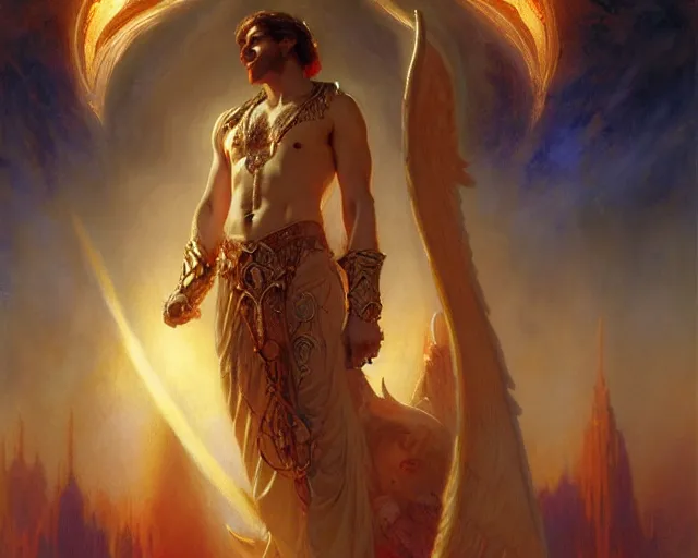 Image similar to attractive male deity, casting demonic magic, summoning handsome lucifer morning star. highly detailed painting by gaston bussiere, craig mullins, j. c. leyendecker 8 k