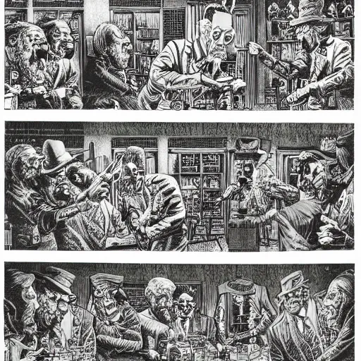 Image similar to a six panel pen and ink surrealist comic strip robert crumb jack davis mc escher masterpiece perfect composition very strange - w 1 0 2 4