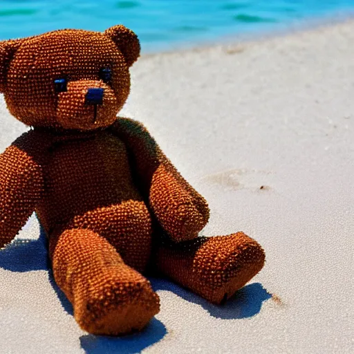 Image similar to a pixel art Teddy bear lounging on the beach