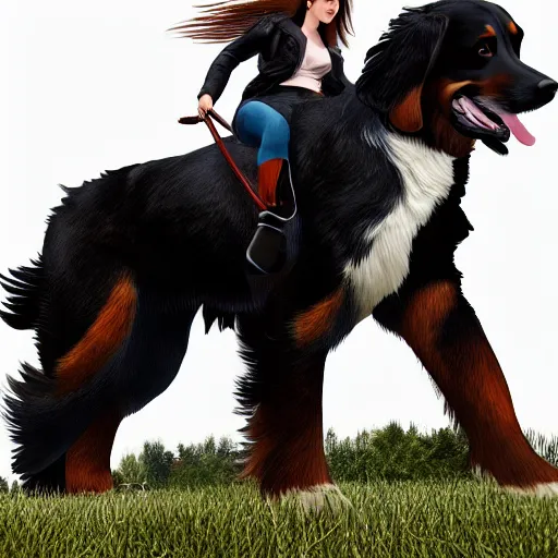 Image similar to girl riding giant Bernese Mountain Dog in the park, trending on artstation
