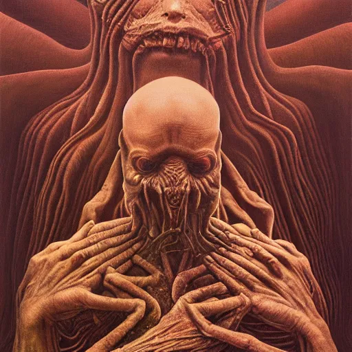 Image similar to insanity by zdzisław beksiński, dariusz zawadzki, jeffrey smith and h.r. giger, oil on canvas, 8k highly professionally detailed, trending on artstation