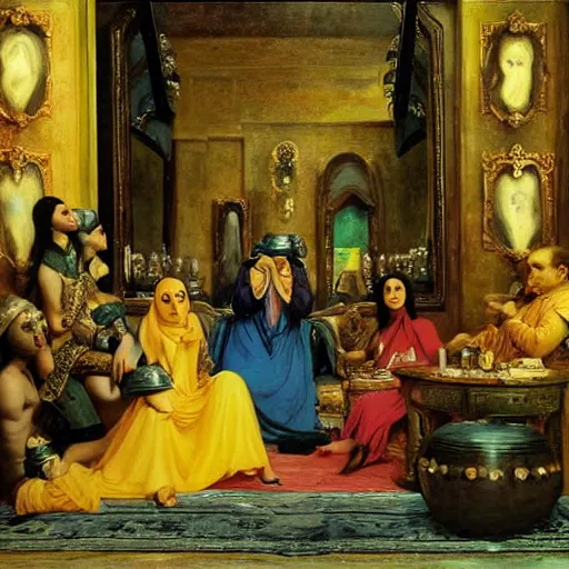 Image similar to the minions harem scene, by jean - leon gerome, otto pilny, adrien henri tanoux, giulio rosati, orientalism painting