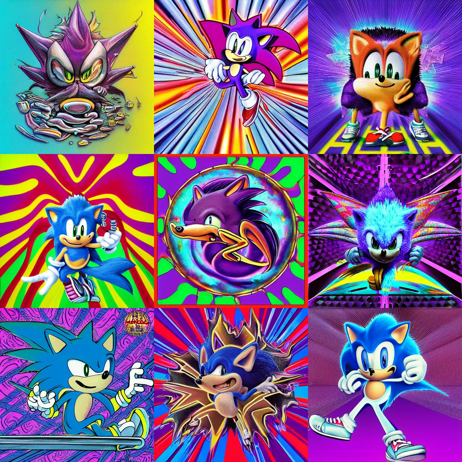 Image similar to surreal, faded, totally radical detailed professional, high quality airbrush art MGMT album cover of a liquid dissolving LSD DMT sonic the hedgehog on a flat purple checkerboard plane, 1990s 1992 prerendered graphics raytraced phong shaded album cover