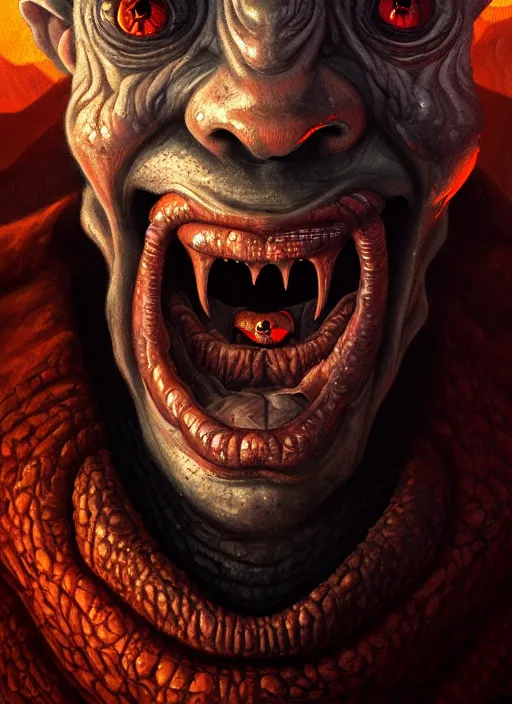 Image similar to close up portrait of a monster in the mountains of hell, one mouth, one nose, two eyes, oil painting by tomasz jedruszek, cinematic lighting, pen and ink, intricate line, hd, 4 k, million of likes, trending on artstation