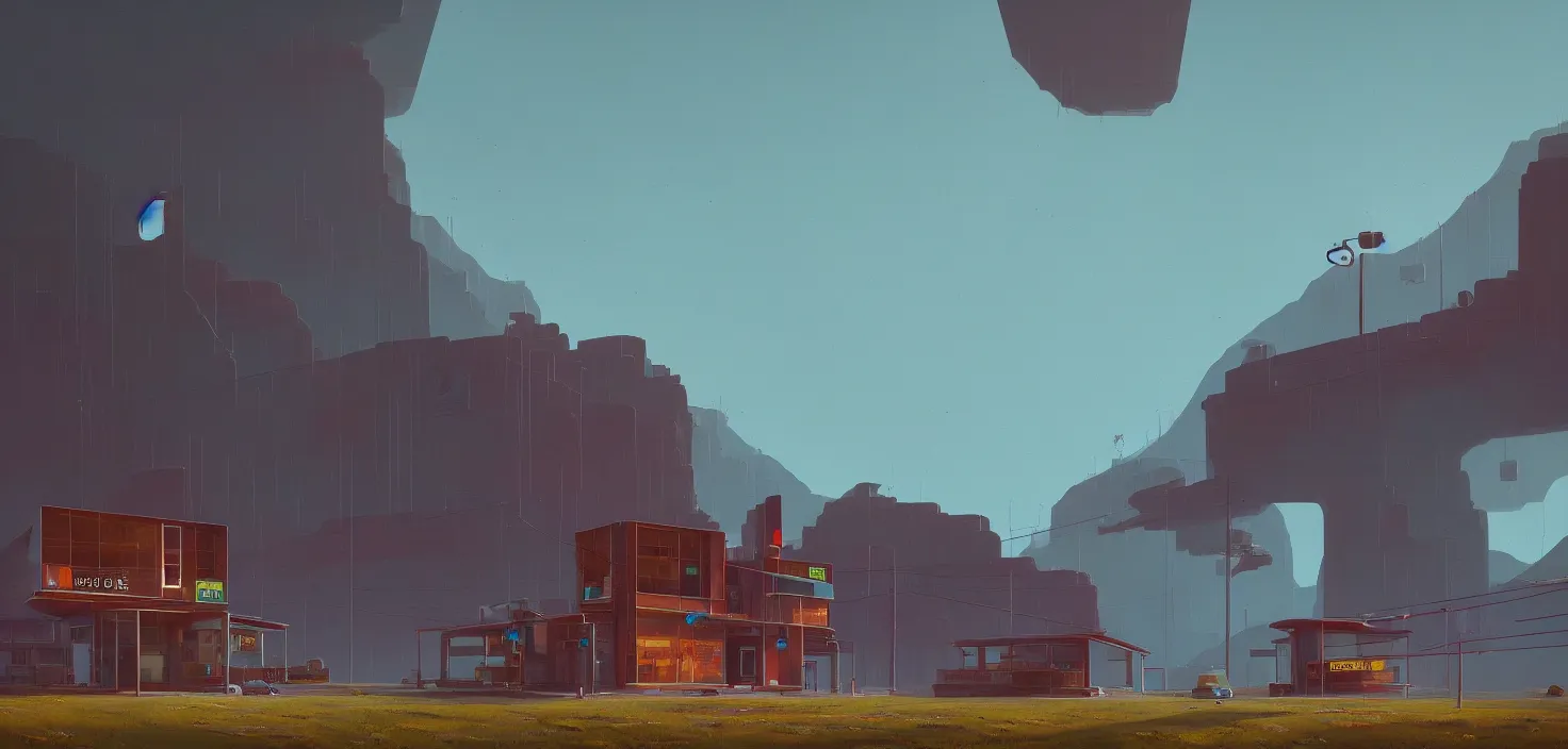 Prompt: a building in a stunning landscape in the style of simon stalenhag