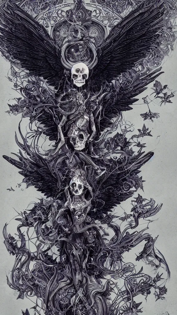 Image similar to dark aether, angel cannabis wings, skulls, dark THC atmosphere, detailed linework, black blue purple and white trychomes, cinematic, psychedelic, black hemp paper, ornate, symmetrical, tarot card, highly detailed, ink illustration, style of peter mohrbacher, golden ratio, 8k