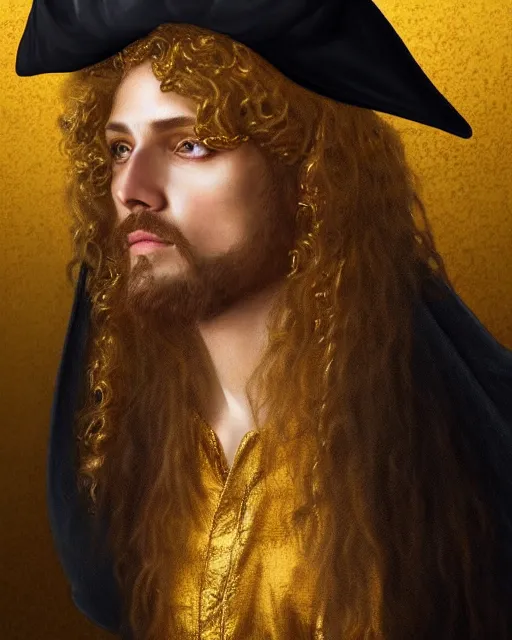 Image similar to realistic portrait of a mysterious pirate made of gold in silky clothes with long golden hair, detailed, 1 4 5 0, delicate, hyper realism, ultra realistic, 8 k