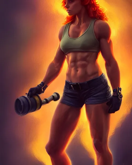 Image similar to muscular female firefighter, perfect face, ginger hair, abs, cinematic, stunning, cute, adorable, athletic, strong, agile, highly detailed, psychedelic, digital painting, artstation, smooth, hard focus, illustration, art by jessica rossier and and brian froud