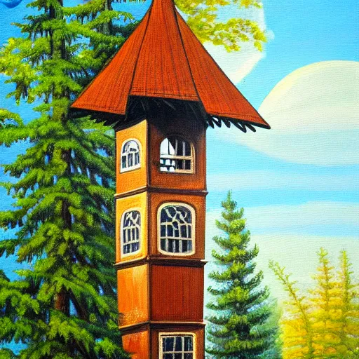 Image similar to quaint painting of an old wooden clocktower emerging from a canopy of trees