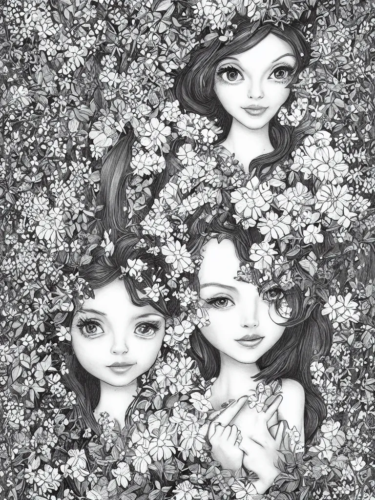 Image similar to a portrait of a cute flower fairy with whimsical big eyes in a garden and surrounded by flowers, pencil drawing, black and white, trending on artstation, behance, deviantart, drawn by tom lovell, artgerm, jsc, j. scott campbell