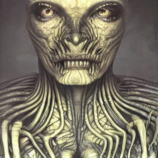 Image similar to portrait-photograph of an alien by H R Giger ::