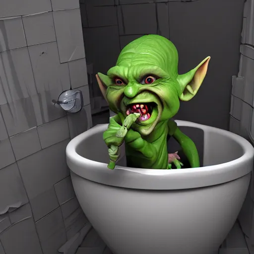 Image similar to Camera footage of an Evil Goblin coming out of a Toilet bowl, 4k, realistic, full image, full body