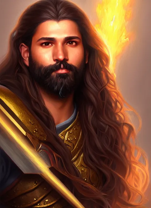 Image similar to a _ fantasy _ style _ portrait _ painting _ of esfandtv big light brown male holy paladin with long wavy brown hair and beard, hammer weapon, rpg dnd oil _ painting _ unreal _ 5 _ daz. _ rpg _ portrait _ extremely _ detailed _ artgerm _ greg _ rutkowski _ greg