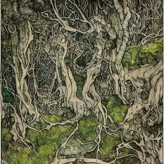 Image similar to a detailed, intricate watercolor and ink portrait illustration with fine lines, of a forest of gnarled trees and mossy ground, by arthur rackham and edmund dulac and ted nutall and mucha