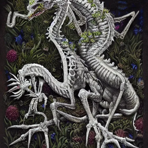 Image similar to white dragon skeleton covered in moss and flowers, intricate details, hyperrealistic, hr giger