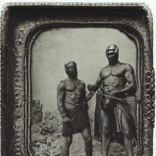 Image similar to spartan man and his helot slave, helot, ancient sparta, daguerreotype photograph, ancient photograph