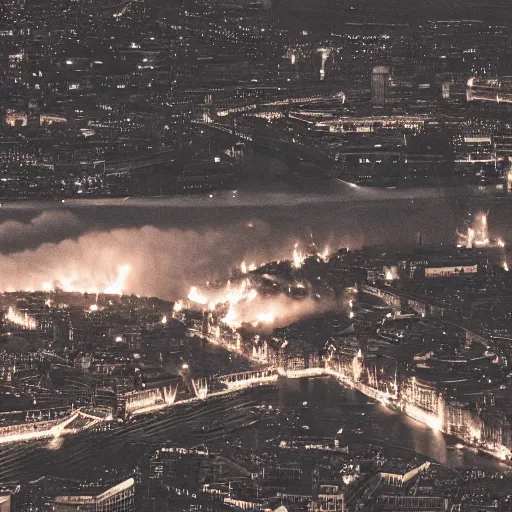 Image similar to bombing raid from aerial view world war 2 fire, london, volumetric lighting, nighttime