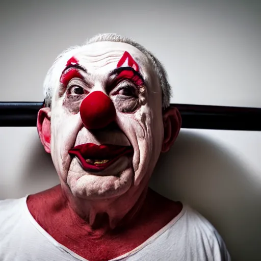Image similar to delirious elderly clown supine in hospital bed, strapped into bed with restraints, trying to get out but unsuccessful, photograph, 8 k